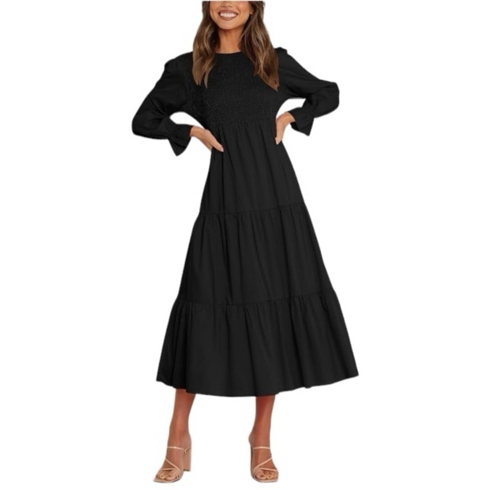 NWT Women's Casual Long Sleeve Dress Crew Neck Smocked Hight Waist Flowy Maxi - Picture 5 of 7